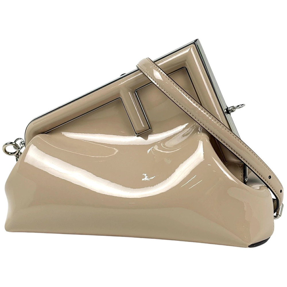 Fendi First Clutch Bag Shoulder Enamel Patent Vernis Leather Beige Cream